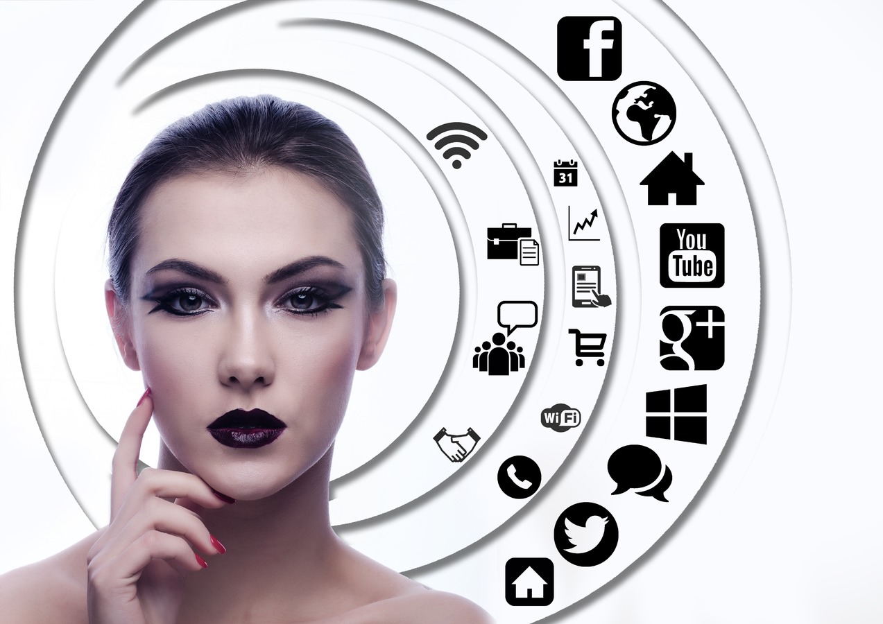 social media icons and a woman